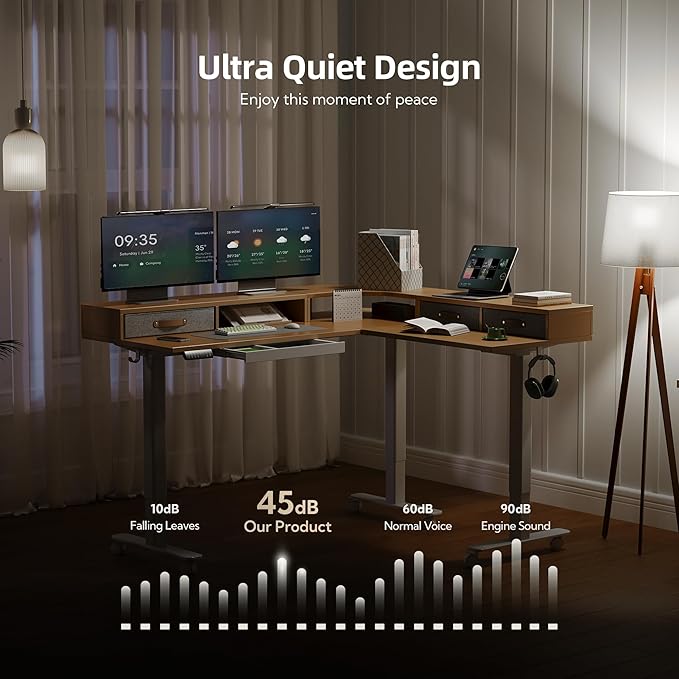 YDN Dual Motor 63" L Shaped Standing Desk with Drawers, Electric Height Adjustable Standing Desk with Monitor Stand & Splice Board, White Frame/Nature Top