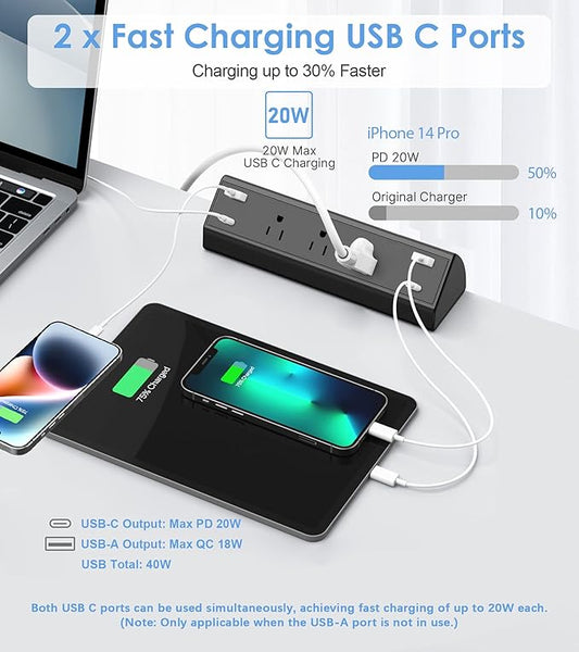 Desk Clamp Power Strip,40W Fast Charging Station,Desktop Mount Surge Protector,2 PD 20W USB C Ports,3 Outlets for Home,Office,Fit 1.9" Tabletop Edge (Black, 3 Outlets & 4 USB Ports & 10 FT Cable)