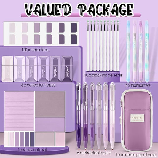 Janlaugh 38 Pcs Aesthetic College School Supplies with Pen Case Sticky Notes Gel Pens Highlighters Correction Tapes Back to School Stationery Kit(Purple Color,Classic)