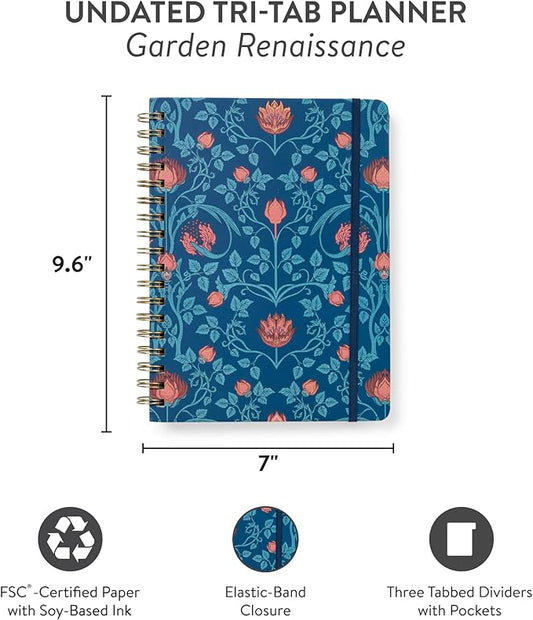 Orange Circle Studio Undated Tri-Tab Academic Planner 2026, Garden Renaissance, Daily Notebook Journal, Cute Weekly and Monthly Calendar with Pocket, Stickers, Lined Pages for To Do lists and Planning