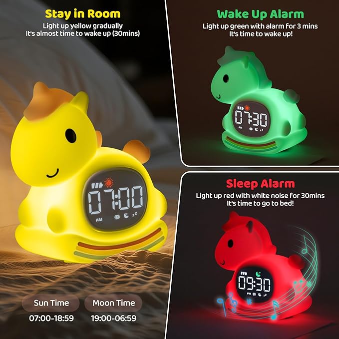 Alarm Clock with Night Light for Kids with Sleep Training and Sound Machine, Rechargeable Silicone Lamp OK to Wake Clock,Cute Animal Tabletop Lamp, Perfect Sleep Companion for Boys Girls,Pink Pony