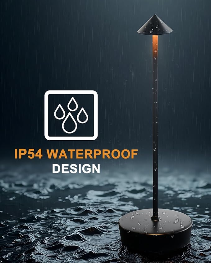 Black Cordless Rechargeable Table Lamp 7200mAh Portable Touch Control LED Waterproof Table Lamp for Bedroom Reading