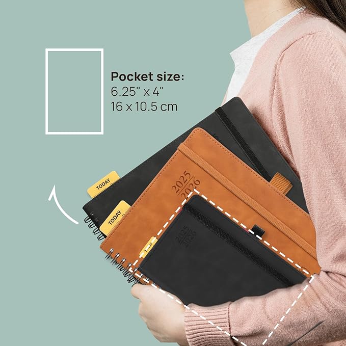 POPRUN Planner 2025-2026 Weekly Notebook (Pocket Size 4''x 6.25''), Small Academic Calendar for Purse with Spiral Soft Cover, Plastic Ruler, Inner Pocket, 100 GSM - Claret