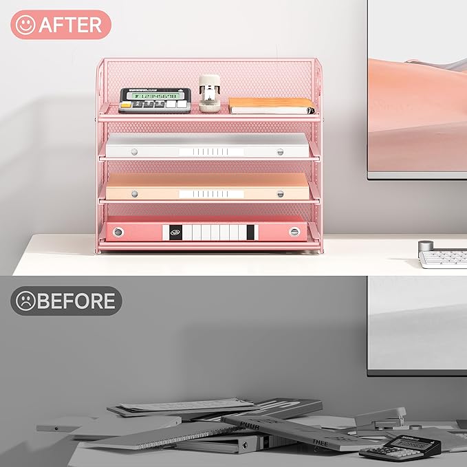 4-Tier Paper Organizer for Desk With Handle, Mesh Desktop File Tray, Office Classroom Organization and Storage - Pink