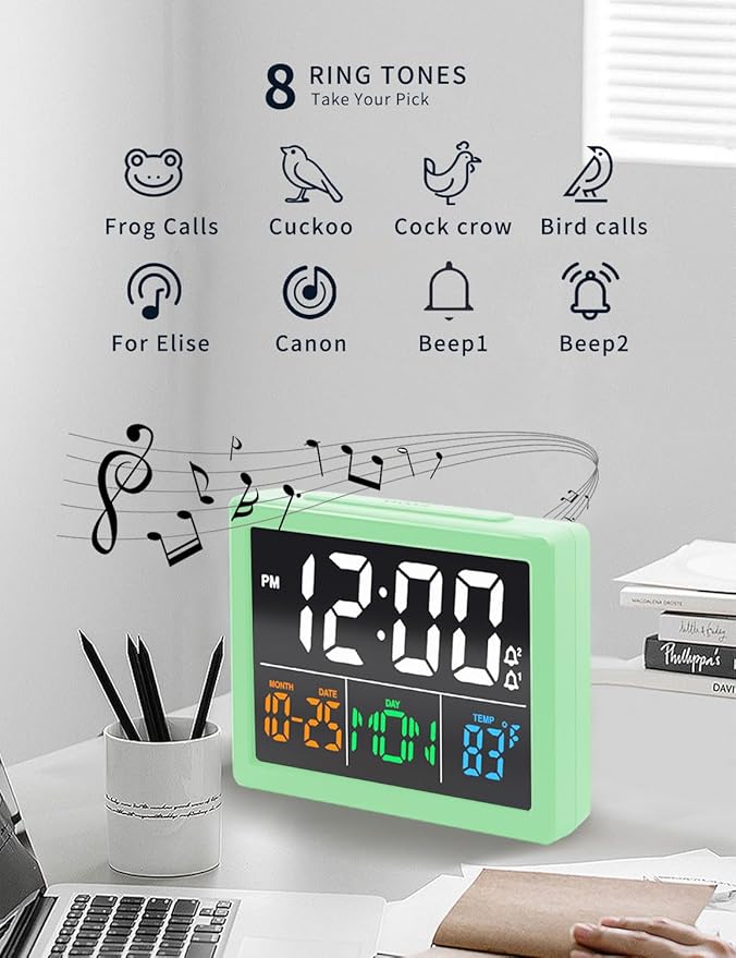 Digital Alarm Clock, with 5.5" Large LED Time Display, Adjustable Alarm Volume, 6 Level Brightness, Alarm Settings, USB Charger, Temperature Detect, Snooze, Clocks for Bedroom, Bedside, Desk, Green