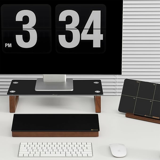 YEOUX Black Glass Computer Monitor Stand Riser with Wooden Base for Flat Screen LCD, LED TV, Laptop, Printer, Multi Media Desktop Stand, Office Supplies Desk Organization