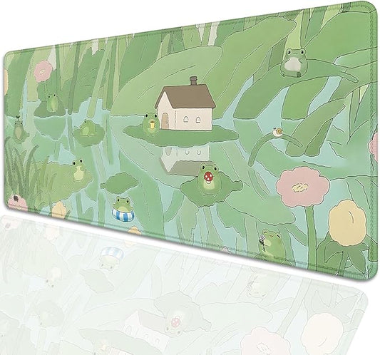 Cute Frog Desk Mat Mouse Pad,Cartoon Frog Desk Pad,Kawaii Green Desk Decor,Lotus Leaves and Flowers Desk Mat for Frog Desktop,Stitched Edges Non-Slip Rubber Base Mouse Mat for Office Home Work