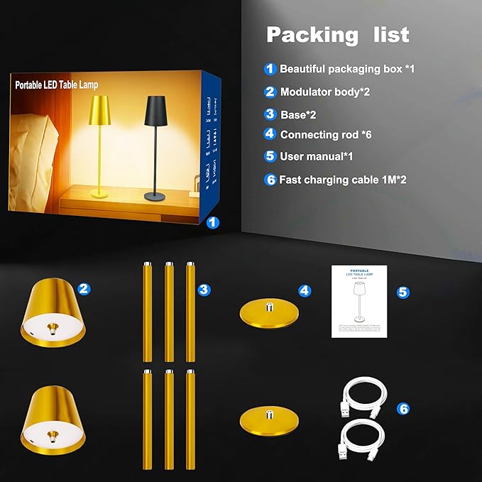 2 Pack Gold Cordless Table Lamp Rechargeable, Metal Small Bedside Table Lamp with 3 Adjustable Pole, 5400mAh Battery Operated Touch Lamp for Bedroom Kitchen Dining Waterproof & Portable