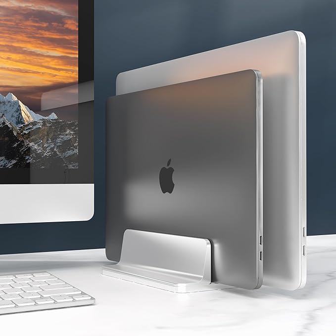 New Vertical Laptop Stand, Adjustable 2 Slot Aluminum Desktop Holde(Up to 17.3 inch), Fits All MacBook/Microsoft Surface/HP/Dell/ChromeBook/iPad and Gaming Laptops (Silver)