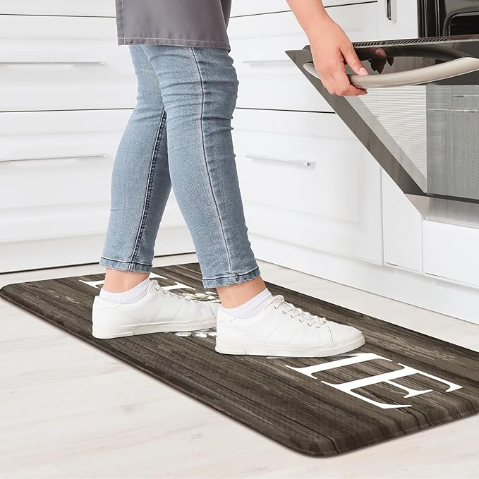 KIMODE Anti Fatigue Kitchen Mat for Floor, 17.3"x29" Farmhouse Kitchen Rug Non Slip, Cushioned Padded Kitchen Floor Mat, Comfort Waterproof Standing Mat for Laundry, Office, Sink, Desk Brown