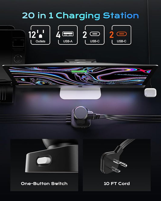 Dual PD 20W Power Strip Tower, TenTrend Surge Protector Power Strip with 12 AC Outlets & 8 USB Ports (4 USB C), 40W Desk Fast Charging Station, 10FT Flat Plug Extension Cord for Desk Office Dorm Room