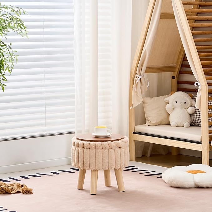 Wimarsbon Storage Ottoman,Soft Faux Fur Footstool with Padded Seat, Small Reading Vanity Chair, Footrest with Wood Tray for Couch, Mini Coffee Table or Display Stand (Beige, Round Storage)