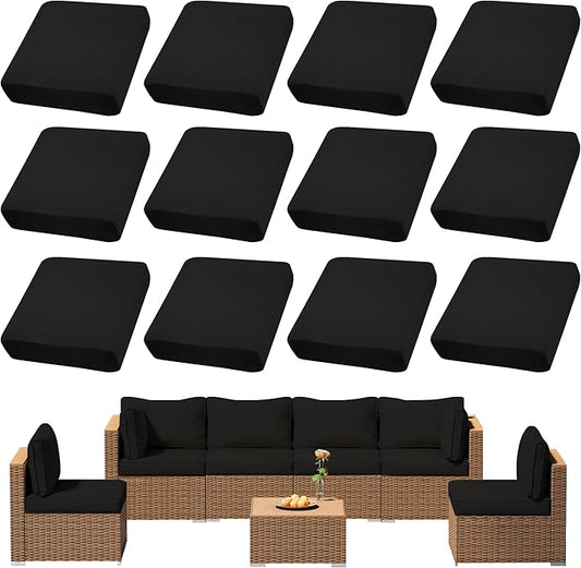 12Pcs Outdoor Cushions Covers Waterproof, Patio Cushion Covers, Stretch Cushion Covers Replacement,Cushion Slipcovers, Furniture Cushion Covers (Black 1, 12PCS)