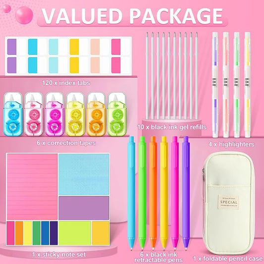 Janlaugh 38 Pcs Aesthetic College School Supplies with Pen Case Sticky Notes Gel Pens Highlighters Correction Tapes Back to School Stationery Kit(Neon Color,Vibrant)