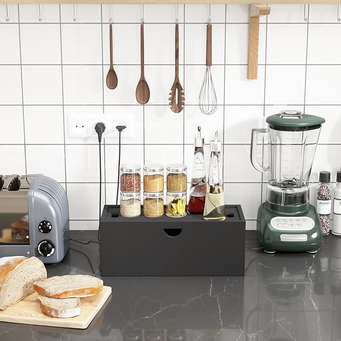 Bamboo Cable Management Box, Large Cord Organizer Box Cable Box to Hide Wires & Power Strips for Desktop Storage Cord Holder for Office Home,No Assembley Required (All Black, Large)