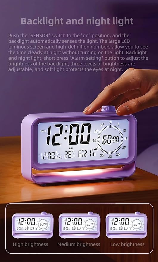 Digital Alarm Clock Night Light Visual Timer, LCD Time Reminder with 3 Alarms, Snooze,Temperature Display, Ideal for Family Education Teaching and Time Management Gifts for Kids (Purple)