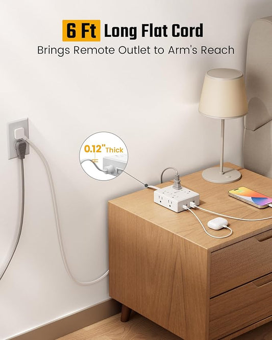 Flat Plug Surge Protector Power Strip, 6ft Ultra Thin Extension Cord with 4 USB (2 USB C Port), 8 Outlets Desk Charging Station, Wall Mountable Outlet Extender for Home Office, College Dorm Room