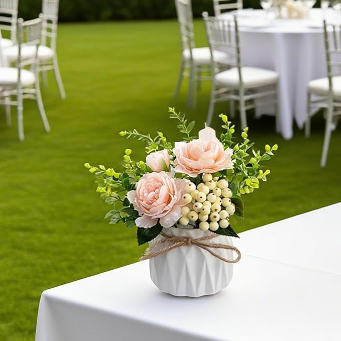 Faux Flowers with Vase, 2pcs Small White Artificial Flowers Arrangement, Potted Plants,Decoration for Bathroom Home Party Office Desk Wedding,Coffee Table Decor (White/Champagne)