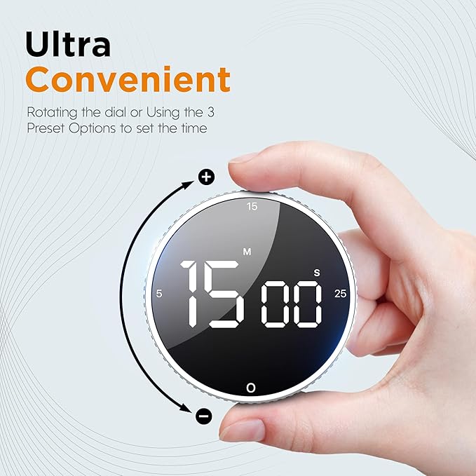 Upgrade Digital Kitchen Timer - Magnetic Countdown Countup Visual Pomodoro Timer with Large LED Display, 3-Preset Times (5, 15, 25), 3 Volume Levels, Ideal for Cooking, Baking and Fitness (1, Silver)