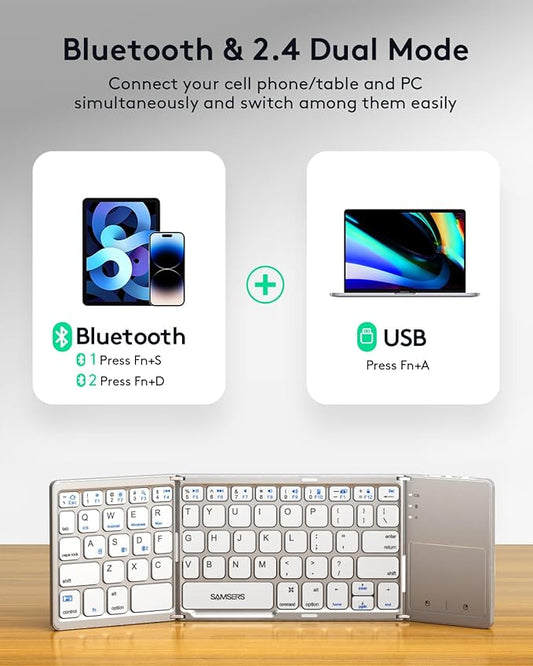 Samsers Multi-Device Foldable Bluetooth Keyboard with Touchpad, Rechargeable Dual-Mode(2.4G+BTx2) Wireless Keyboard with Holder, Portable Folding Keyboards for Android Windows iOS Mac OS - Silver