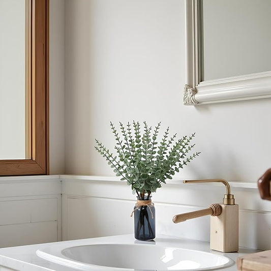 Leftover 18.8" Artificial Eucalyptus Stems in Black Glass Vase,Fake Plant Eucalyptus Plant for Centerpiece Table Decorations Black Bathroom Farmhouse Home Decor