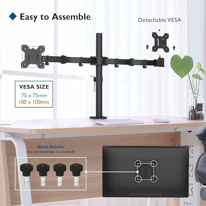 BONTEC Dual Monitor Desk Mount, Full Motion Adjustable Monitor Stand for 13–27 Inch Screens, Heavy Duty Arms Hold Up to 22 lbs Each, VESA 75x75/100x100 mm, C Clamp and Grommet Base, Cable Management