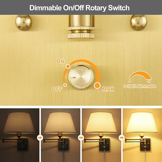 TRLIFE Dimmable Wall Sconce Plug in, Brushed Brass Wall Sconces Set of 2 Swing Arm Wall Lights with Plug in Cord and Dimmer On/Off Knob Switch, 11.8" Large White Fabric Shade(2 LED Bulbs Included)
