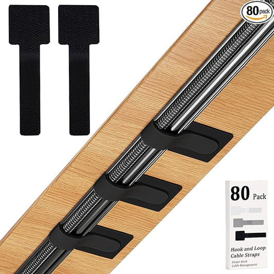 80PCS Hook and Loop Cable Straps, Cable Management Under Desk, Self Adhesive Cable Ties, Reusable Wire Organizers for Cords, Adjustable Cord Organizers for Desk, Home Office Essentials, Black