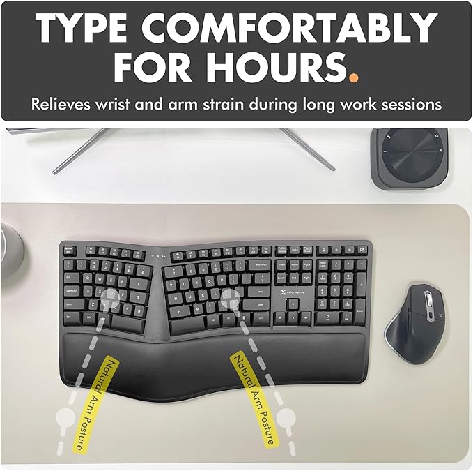 X9 Wireless Ergonomic Keyboard - Split Keyboard with Cushioned Wrist Rest - Type Comfortably Longer - 110 Key Curved Ergo for Laptop, Desktop Computer PC, Surface, Chromebook, Notebook