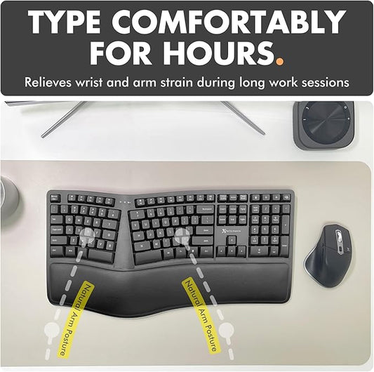 X9 Wireless Ergonomic Keyboard - Split Keyboard with Cushioned Wrist Rest - Type Comfortably Longer - 110 Key Curved Ergo for Laptop, Desktop Computer PC, Surface, Chromebook, Notebook