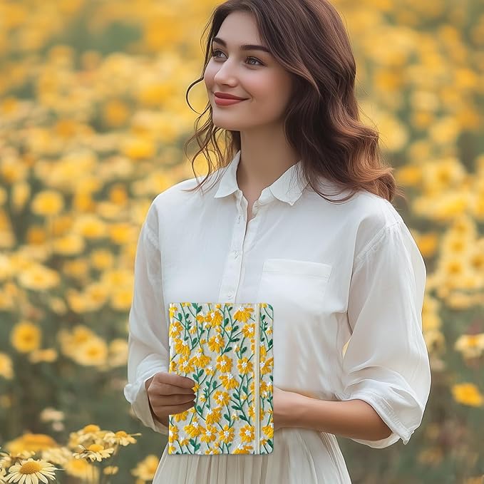 Daisy Gift, Flower Journal, Embroidered Notebook, Beautiful Journals for Women, 8"x6", Hardcover, Lay Flat, A5, Lined Paper, Wide Ruled Page, Writing Journal, Yellow Daisy, with Elastic Band
