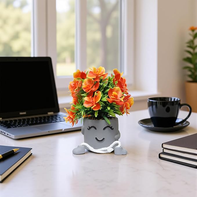 Zerzsy Cute Artifical Plants in Cement Pots, Small Fake Plants for Office Decorations, Mini Faux Succulents for Home Desk Shelf Decor-Set of 2