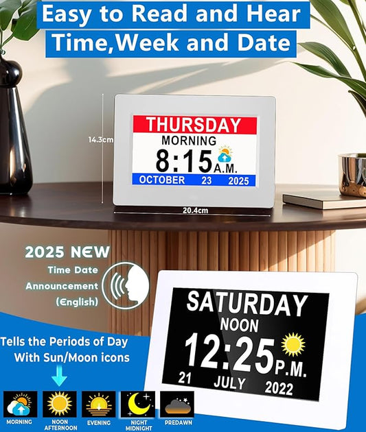 MASSII 【2025 New】 19 Alarms Digital Clock with Loud Voice Talking Time, Auto DST, 20 Custom Reminders, 10-Level Dimmer, Sleep Trainer, Day Date Calendar Clock for Seniors Dementia- 7 Inch with Remote