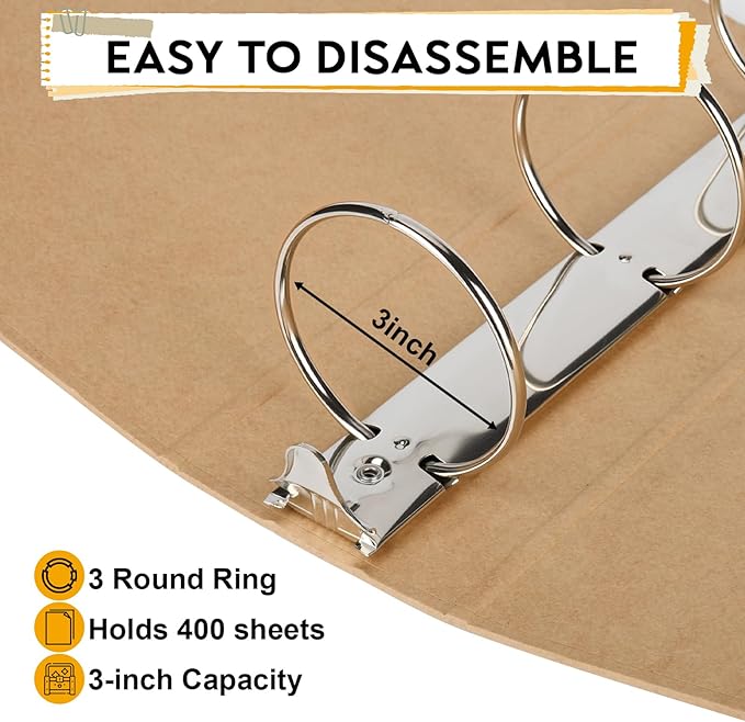 2 Packs Kraft 3-inch Binder, Durable Letter Size 3 Ring Binder Natural Recycled Kraft 3 Ring, O-Ring Organizer, Fit for 8.5x11 Inches, for Home Office Supplies