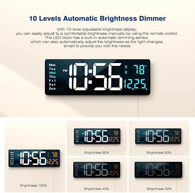 16.2 Inch Large Display Wall Clocks, LED Digital Clock with Remote Control for Living Room Decor, Automatic Brightness Dimmer Clock with Date Week Temperature (Blue)