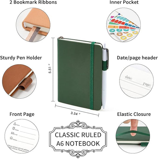 feela Pocket Notebook Journals, Mini Cute Small Hardcover College Ruled Notepad Office School Supplies, with 3 Black Pens, 3.5”x 5.5”, 3 Pack, A6, Vintage Colors