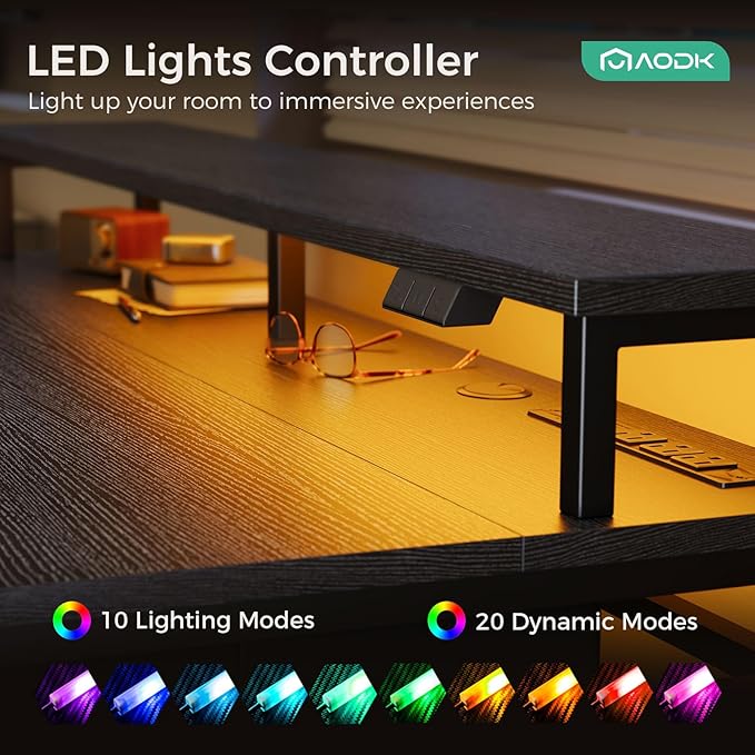 AODK Electric Standing Desk with Drawers & Keyboard Tray, 55 Inch Height Adjustable Desk with Power Outlets & LED Lights, Sit Stand Table with Monitor Stand for Home, Office, Black