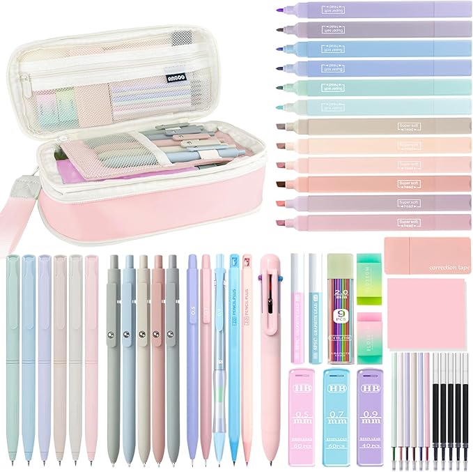 54Pcs Aesthetic School Supplies Set with Large Pastel Pencil Case 12 Dual Tip Highlighters, 6 Gel Pens, 5 Black Pens, 5 Mechanical Pencils (0.5-2.0mm) - Nursing School & College Essentials Gifts