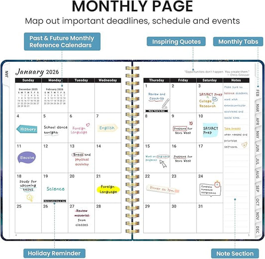 2026 Planner, Monthly and Weekly Calendar Planner for Women, January 2026 - December 2026, Hardcover Pretty 2026 Agenda Planner Book with Tabs, Spiral Bound, Perfect for School Office Home Supplies, 6.3" x 8.5" - Starlit Peaks