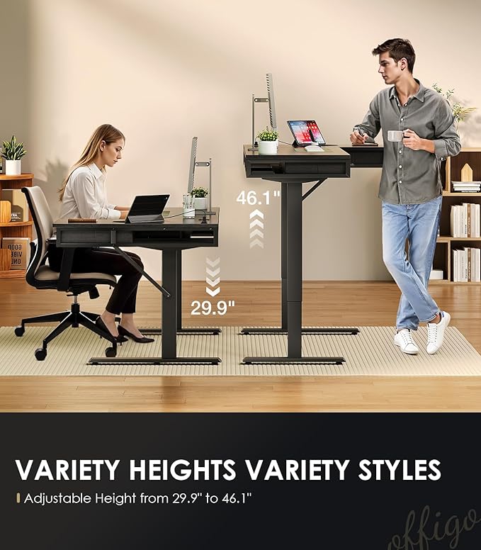 OffiGo 55 Inch L Shaped Electric Standing Desk with Drawers, Height Adjustable Large Desk with Power Outlets, Sit Stand Table, Writing Computer Desk for Home, Office, Workstation, Black
