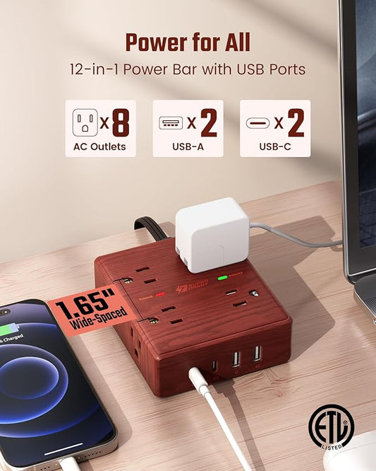 Brown Extension Cord 10Ft, Flat Plug Power Strip Surge Protector, 8 Outlet 4 USB Ports (2 USB C), Wall Mountable, Decorative Wood Charging Station for Home Office Desk Accessories —Walnut Wood