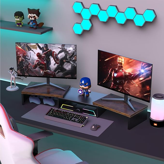 Dual Monitor Stand for Desk, Wooden Monitor Riser, Desk Shelf for Top of Desk, Computer Stand for Home and Office Use (Wood)