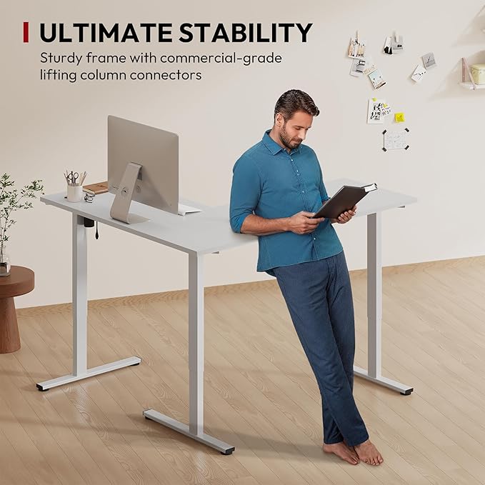 SANODESK L Shaped Standing Desk Adjustable Height, Electric Corner Standing Desk, 63 x 55 inch Sit Stand Computer Table with Splice Board, White