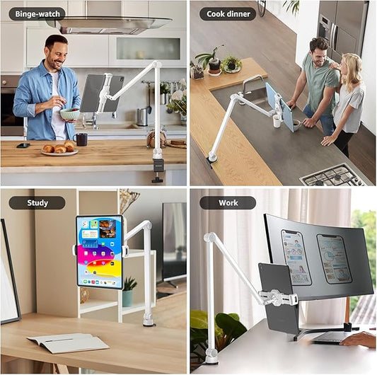 BEWISER Tablet Stand Holder Desk Mount,360°Rotating Flexibly, Angle Adjustable Long Arm, Folding Aluminium Alloy Compatible with4.7-13" Phone or Tablet in Kitchen/Office(White)