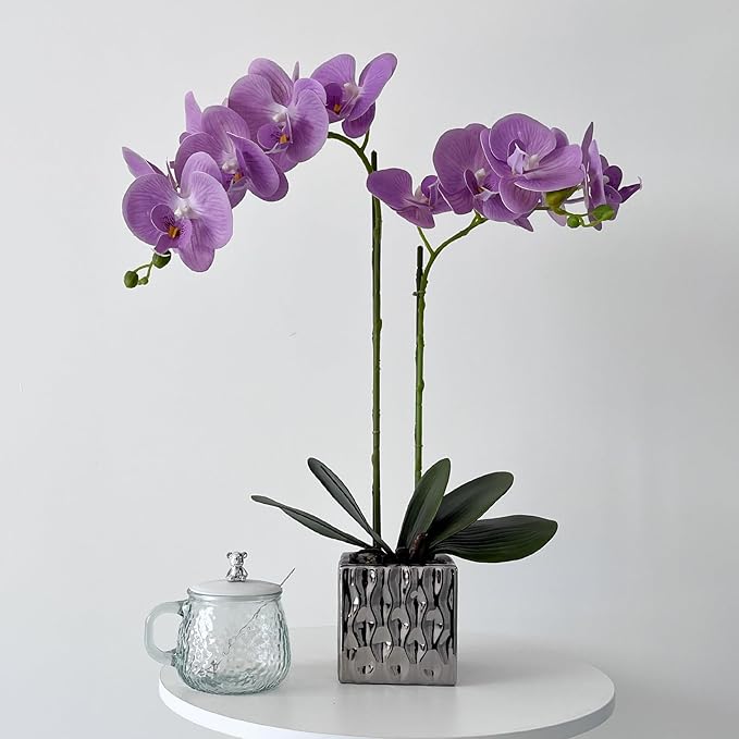 LISU Artificial Orchids, Silver Vases, Home Decoration Flower Arrangements,Purple Orchids Fake Flowers in Vases.
