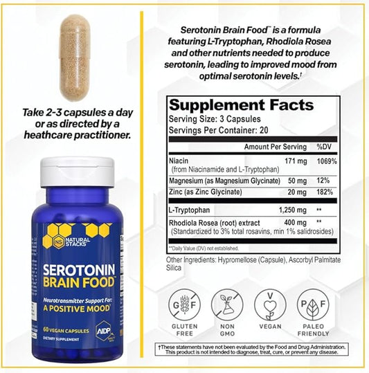 Serotonin Brain Food - 1250mg L-Tryptophan & 400mg Rhodiola Rosea Supplement - Mood Support Supplement for Stress Relief - Neurotransmitter Support with Magnesium Glycinate & Zinc - 60 Capsules