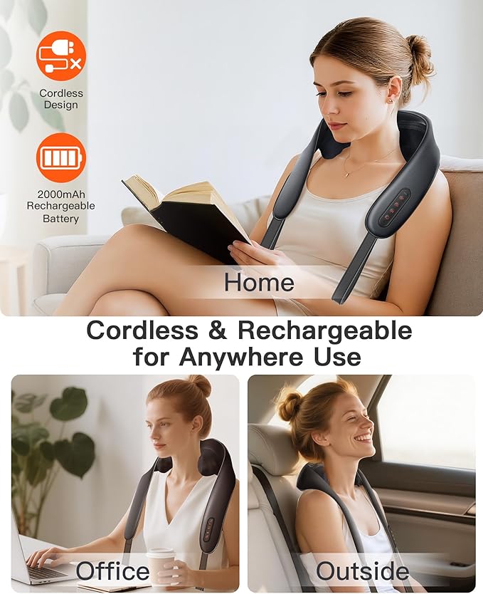 Neck and Shoulder Massager with Heat – Cordless Shiatsu Neck Massager for Pain Relief Deep Tissue - Adjustable Speed & Modes Kneading Massage for Back - Gift for Men Women