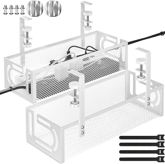Under Desk Cable Management Tray, 15.7'' No Drill Steel Desk Cable Organizers, Wire Management Tray Cable Management Rack (2 Packs-White)