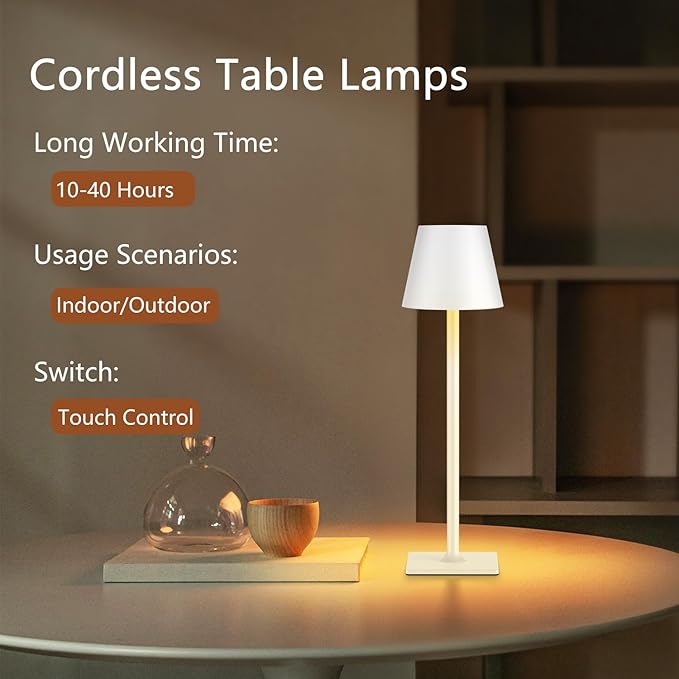 Cordless Table Lamp Rechargeable Lamps: 6000mAh Battery Operated Table Lamp Outdoor Waterproof, Touch Control, Portable Wireless Desk Lamp for Dinner/Bedroom/Restaurant (White2 Pack