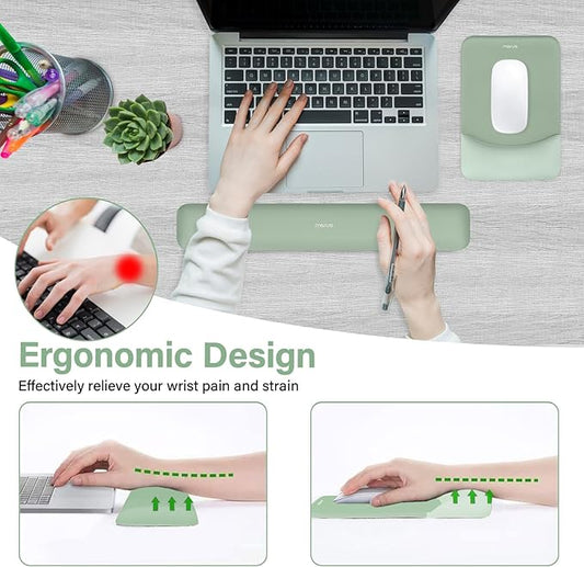 MOSISO Wrist Rest Support for Mouse Pad&Keyboard Set, Rectangular Ergonomic Mousepad Non-Slip Base Home/Office Pain Relief&Easy Typing Pad with Neoprene Cloth&Raised Curved Memory Foam, Green